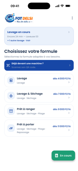 Écran d'accueil : les quatre formules avec leurs tarifs, et un bandeau de lavage en cours.