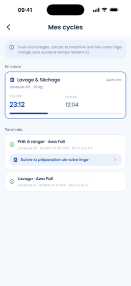 Liste des lavages du client, en cours et terminés.